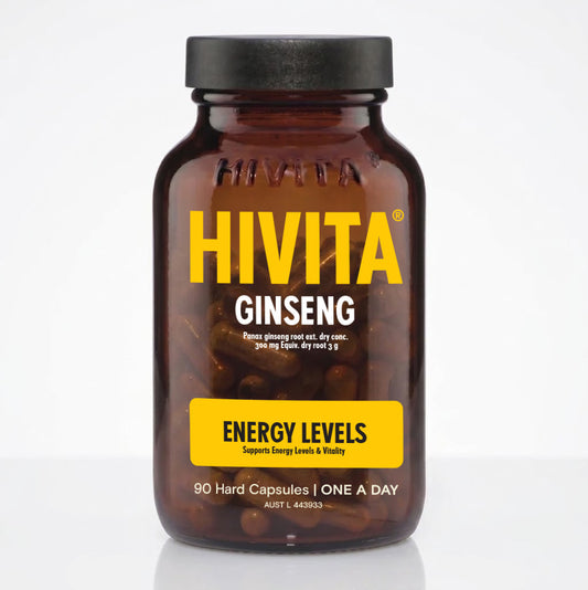 HIVITA Ginseng supplement bottle energy levels white background